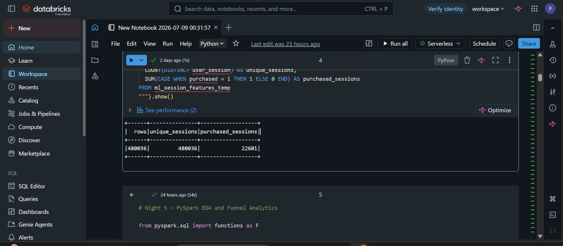 Databricks/PySpark-Validierung des sessionbasierten ML-Datensatzes.